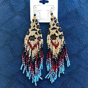 NEW Leopard Print Beaded Fringe Earrings